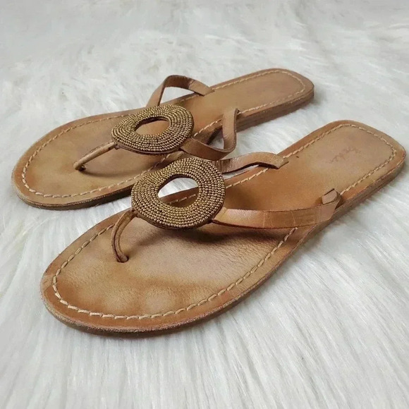 Boden Caramel Leather & Gold Bead Flip Flop Sandals - Picture 2 of 7